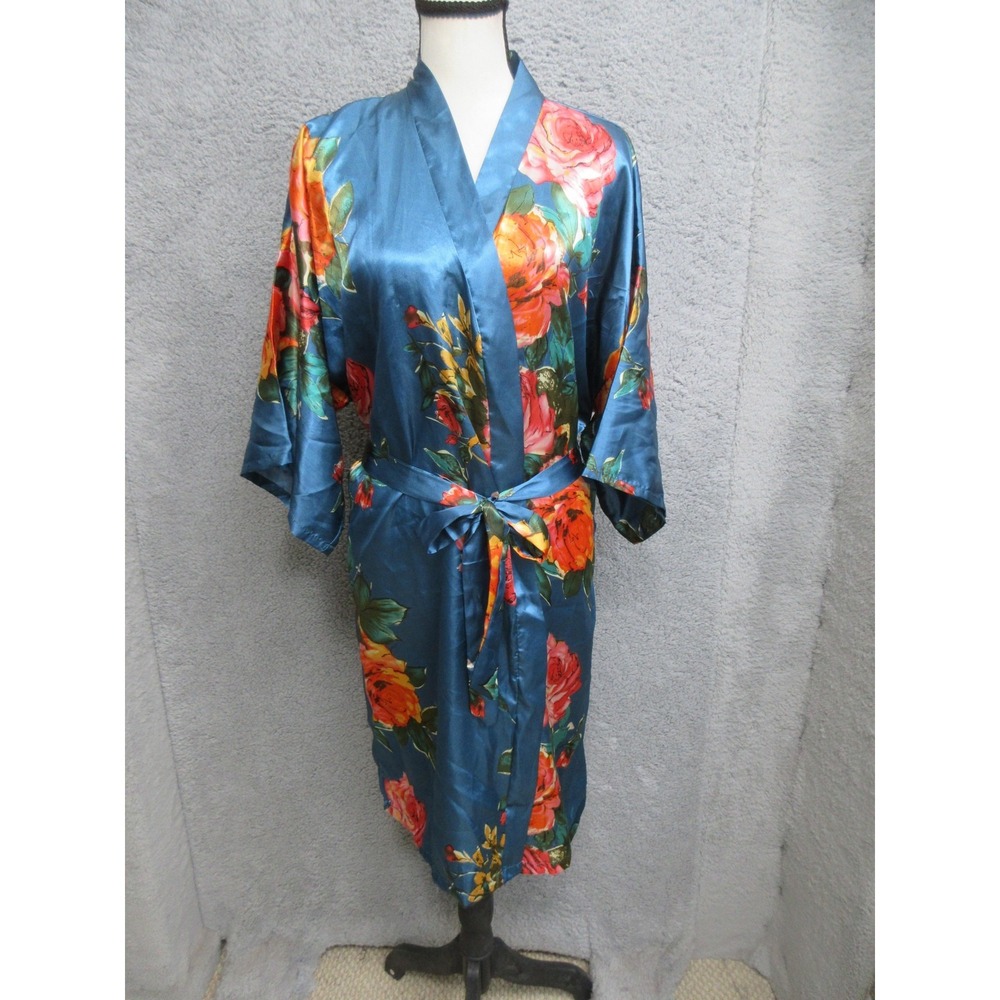 Floral Kimono Robe Womens L/XL Blue Satin Rose Print Coquette Tie Waist Lounge